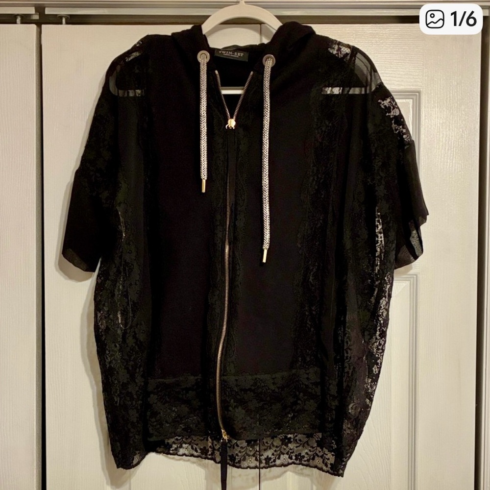 Twin-Set Milano Black Lace Short Sleeved Zip Up Hoodie